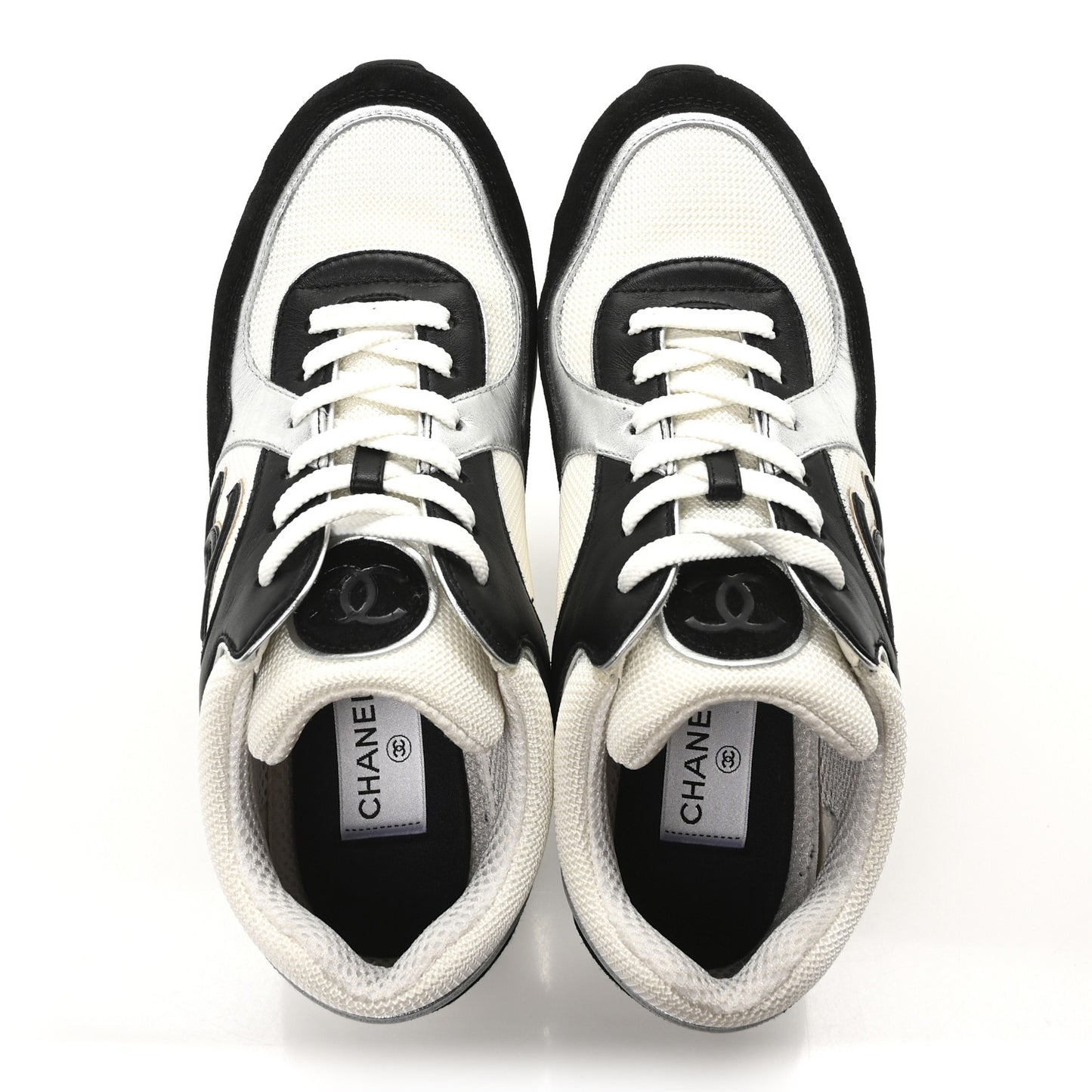 Mesh Suede Calfskin Grained Calfskin Womens CC Sneakers 40 Black White Silver