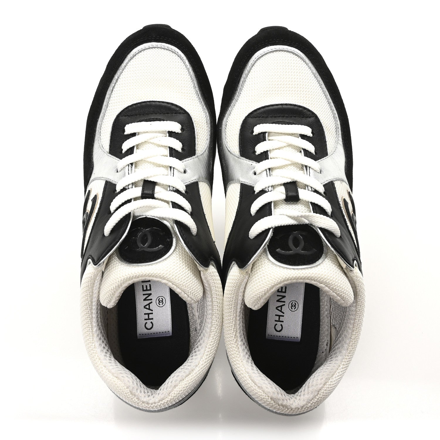 Chanel Mesh Suede Calfskin Grained Calfskin Womens CC Sneakers 40 Black White Silver 3 of 18