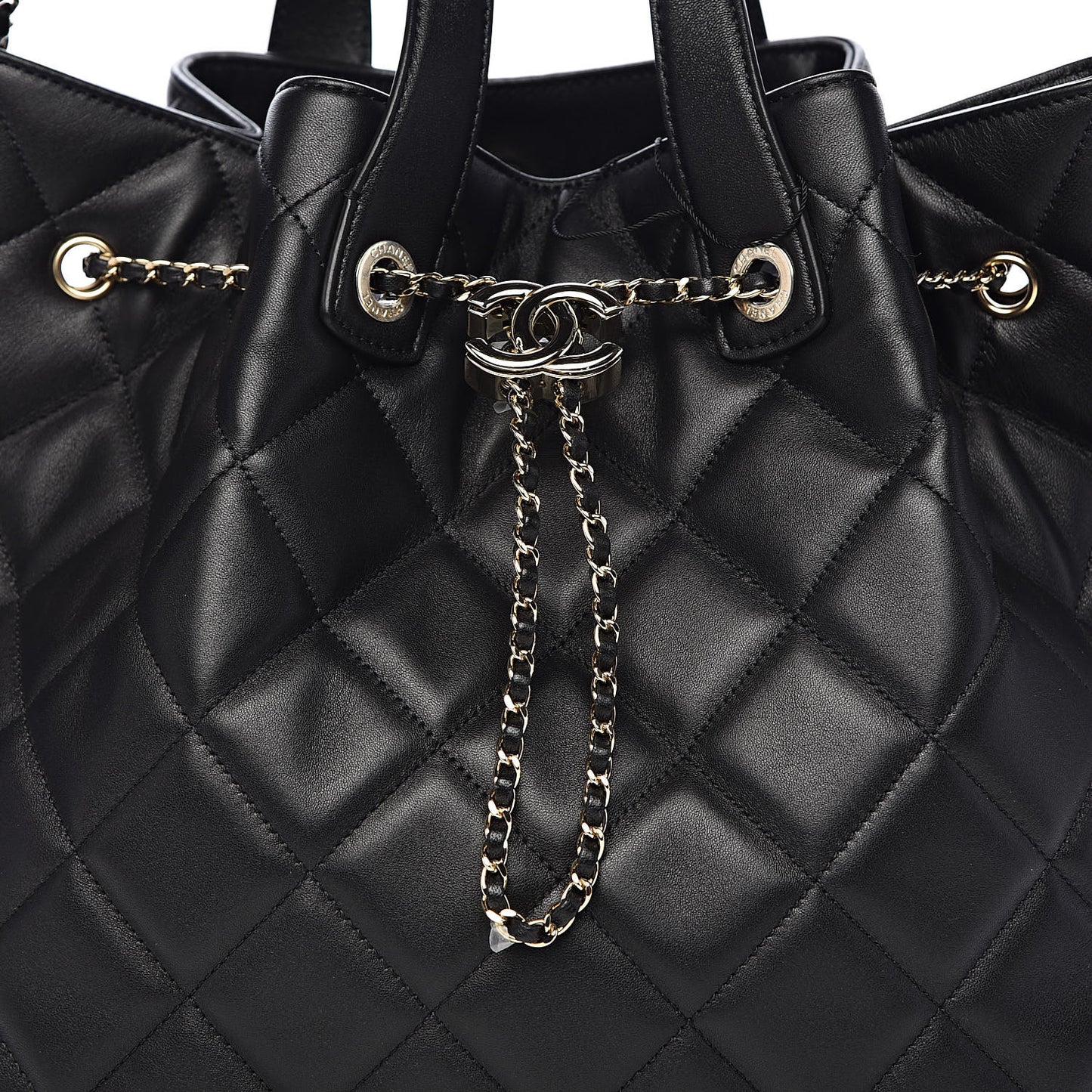 Lambskin Quilted CC Dweller Drawstring Tote Black