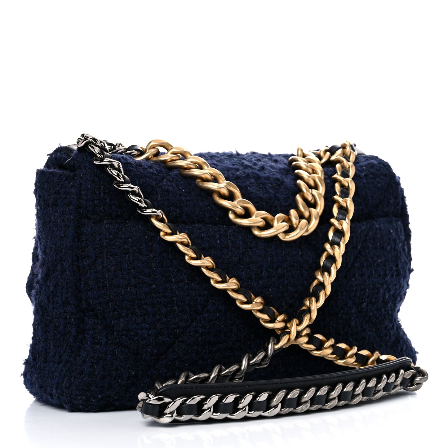 Tweed Quilted Large Chanel 19 Flap Navy Blue