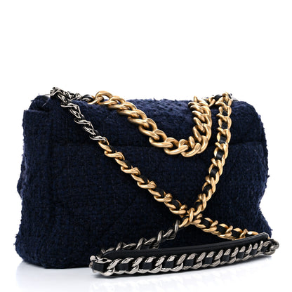 Chanel Tweed Quilted Large Chanel 19 Flap Navy Blue 3 of 9