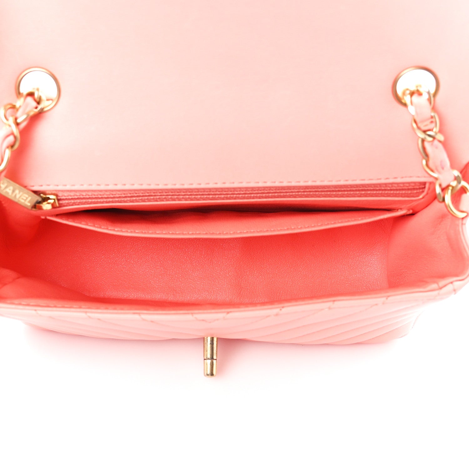 Chanel Lambskin Chevron Quilted Mini Rectangular Flap Coral 4 of 10