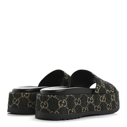 Gucci Jacquard Black Denim GG Monogram Angelina Platform 55mm Slide Sandals 36 Black Ivory 5 of 10
