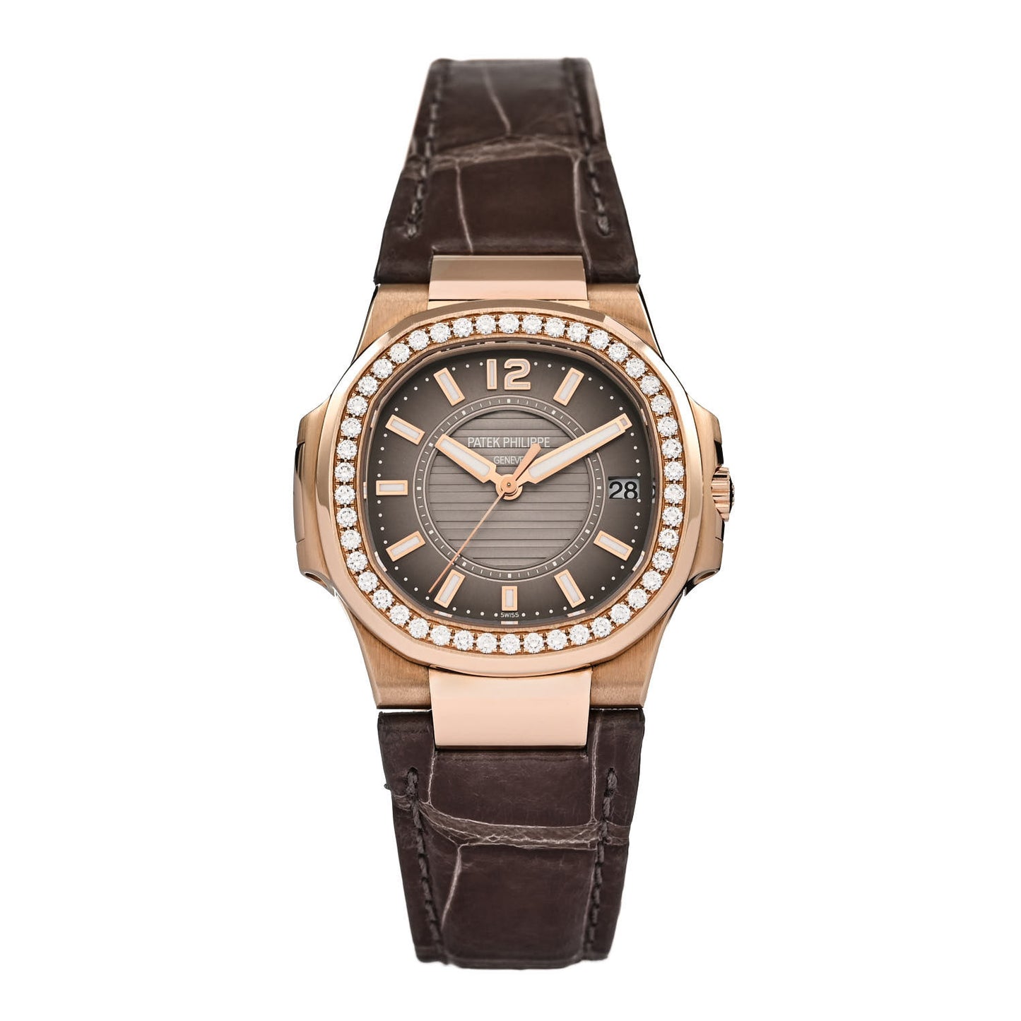 18K Rose Gold Alligator Diamond 32mm Nautilus Quartz Watch Grey 7010R-001