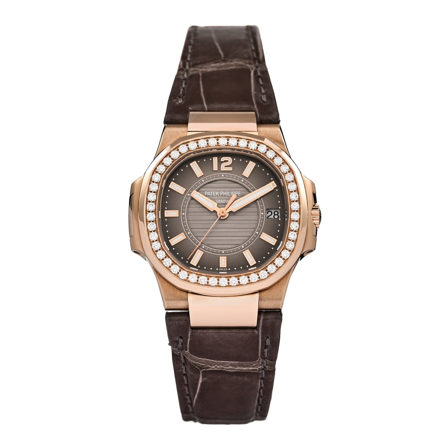 Patek Philippe 18K Rose Gold Alligator Diamond 32mm Nautilus Quartz Watch Grey 7010R-001 1 of 5