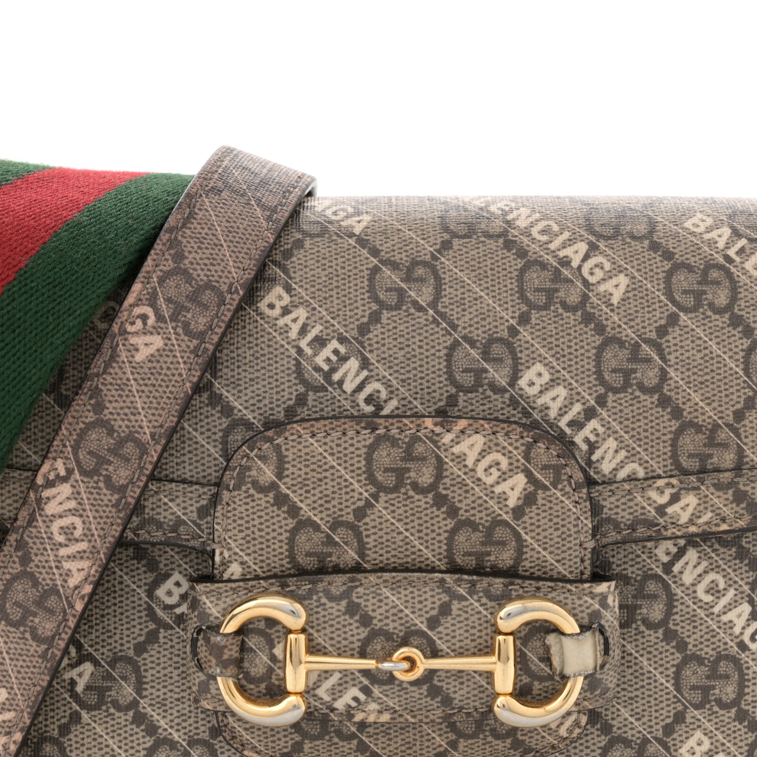 Gucci X BALENCIAGA GG Supreme Monogram Web Logo Print Mini Horsebit 1955 Shoulder Bag Beige Ebony 8 of 14