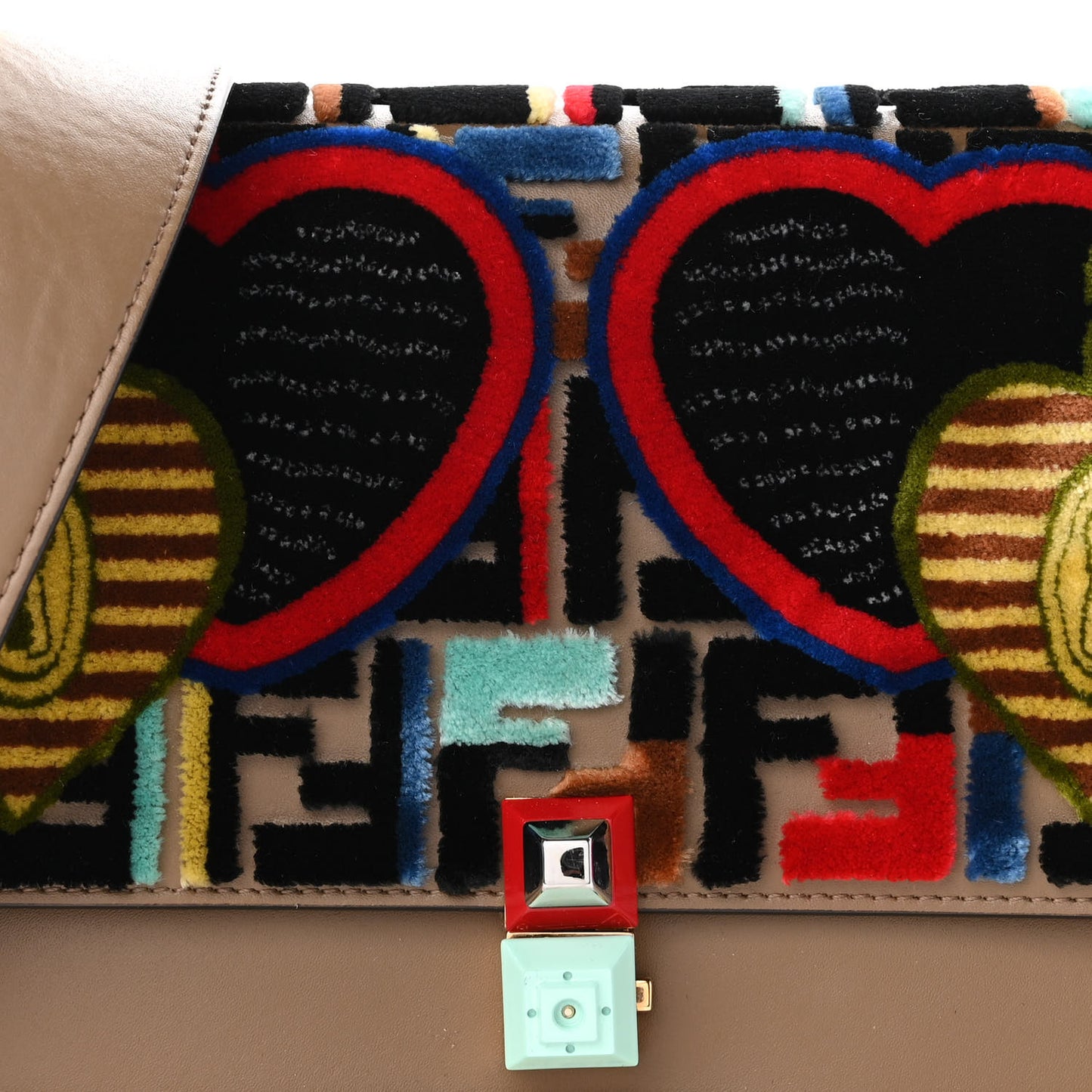 Vitello Liberty Velvet FF 1974 Hearts Padlock Embroidered Kan I Shoulder Bag Fango Multicolor