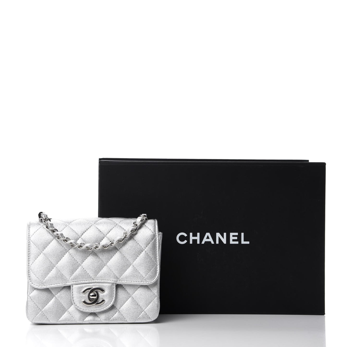 Metallic Lambskin Quilted Mini Square Flap Silver