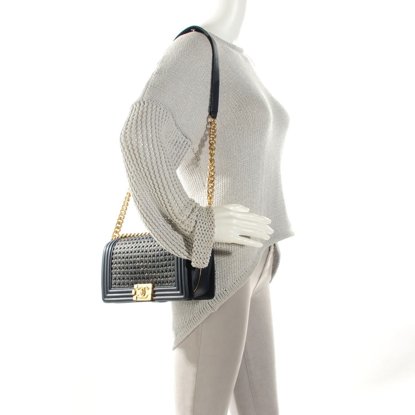 Braided Sheepskin Medium Boy Reverso Flap Navy Blue