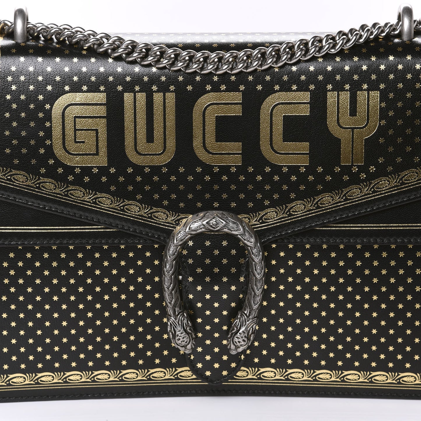 X SEGA Calfskin GUCCY Stars Medium Dionysus Shoulder Bag Black Gold