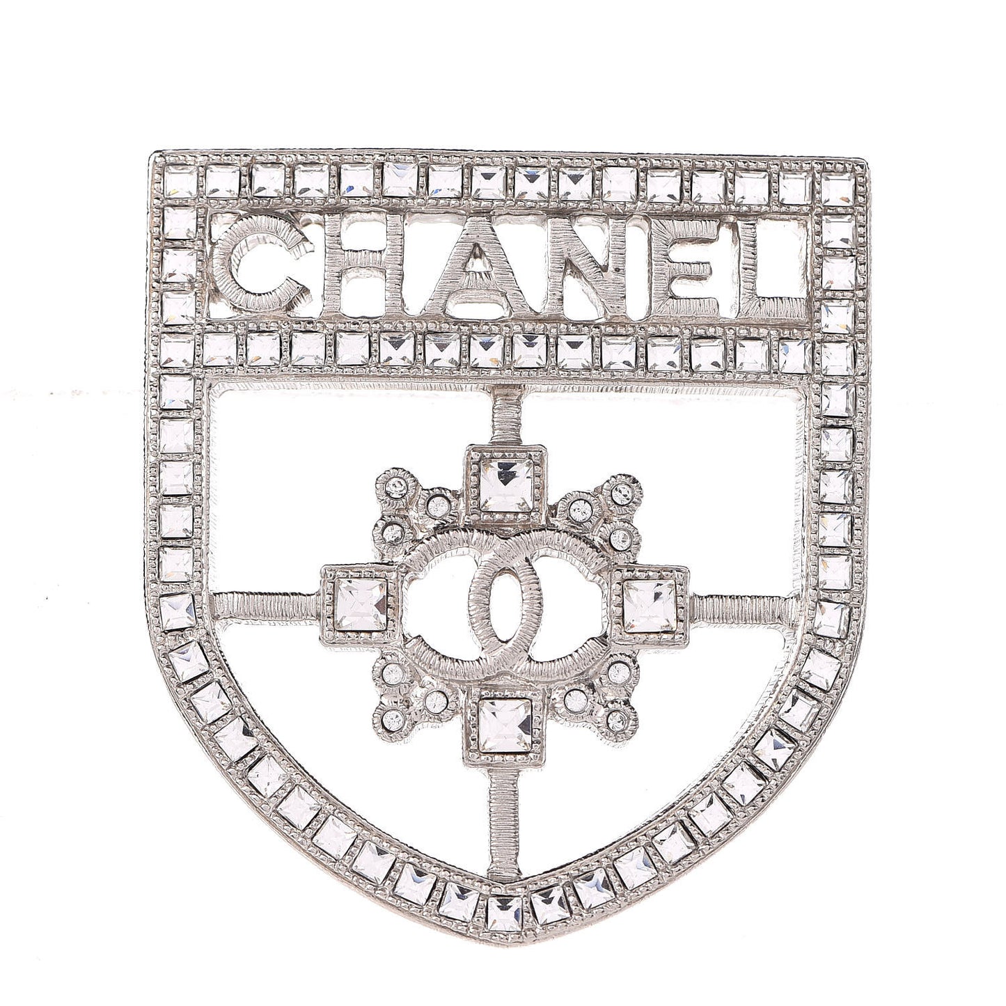 Swarovski Baguette Crystal CC Shield Brooch Silver