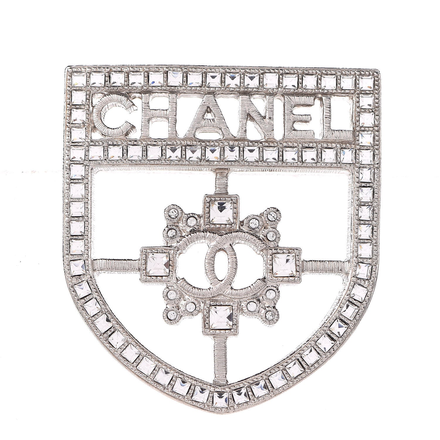 Chanel Swarovski Baguette Crystal CC Shield Brooch Silver 1 of 5