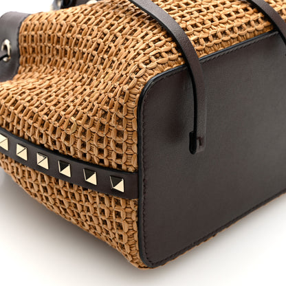 Valentino Garavani Raffia Calfskin Rockstud Drawstring Shoulder Bag Tobacco Cacao 8 of 9