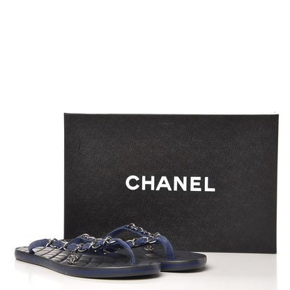 Chanel Suede Calfskin Quilted Chain Thong Sandals 35 Navy Blue 8 of 8