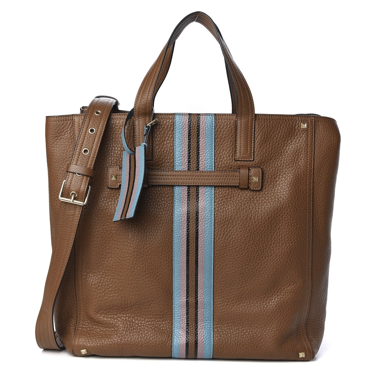 Calfskin Striped Large Rockstud Vertical Tote Brown