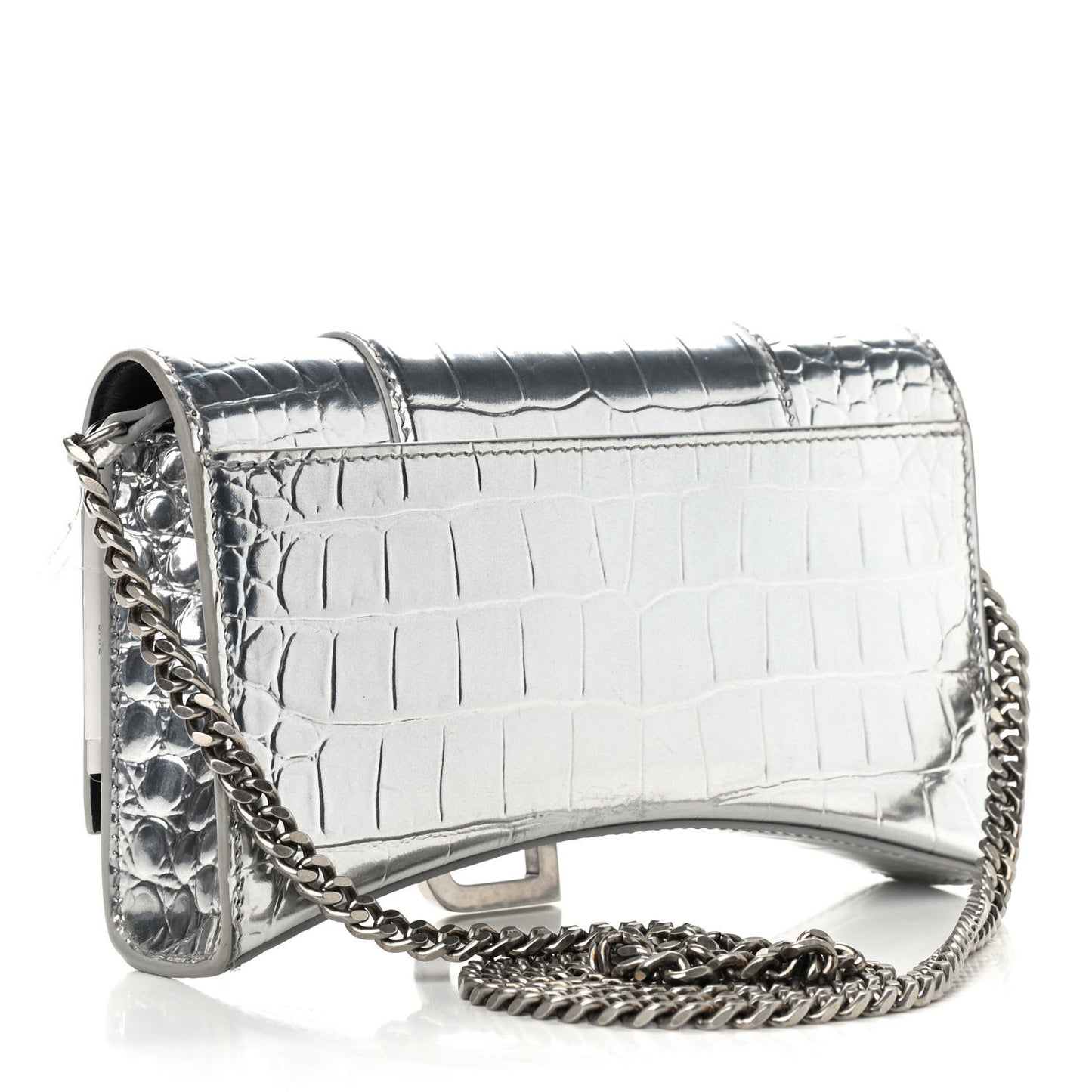 Metallic Calfskin Crocodile Embossed Hourglass Chain Bag Silver