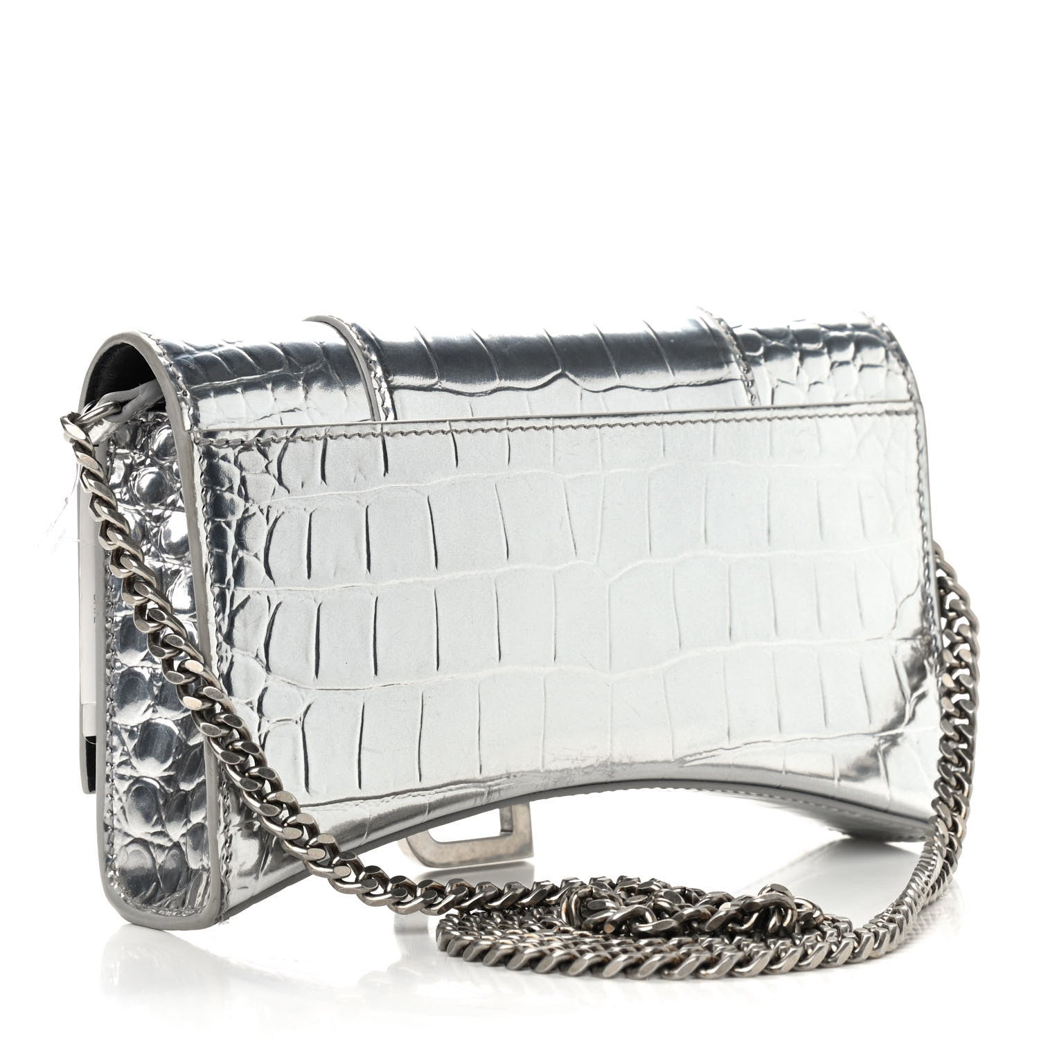 Balenciaga Metallic Calfskin Crocodile Embossed Hourglass Chain Bag Silver 3 of 8