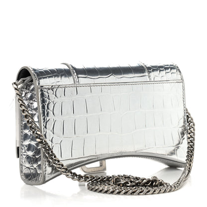 Balenciaga Metallic Calfskin Crocodile Embossed Hourglass Chain Bag Silver 3 of 8