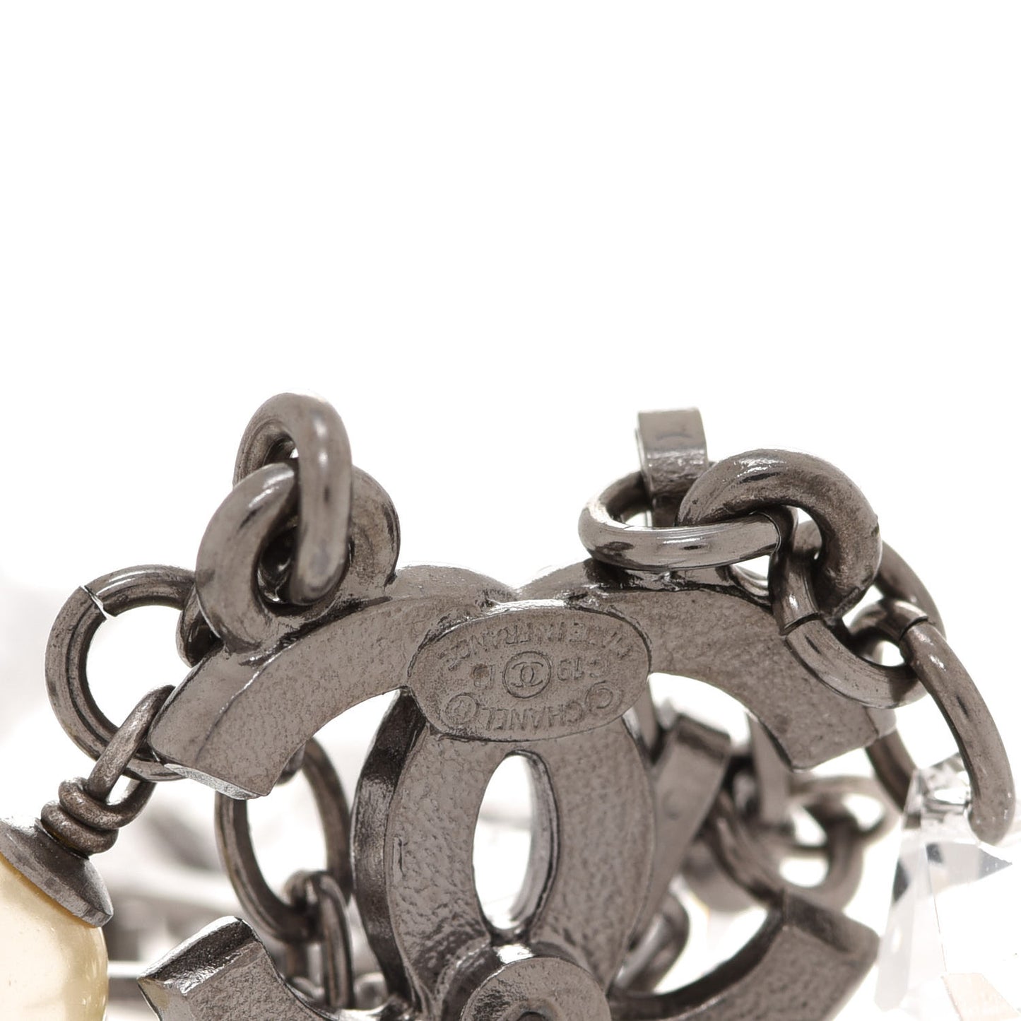 Glass Pearl Strass Crystal CC Chain Drop Earrings Silver