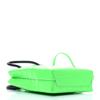 Balenciaga Shiny Calfskin Crocodile Embossed Logo Shopping Phone Holder Bag Fluo Green Black 5 of 14