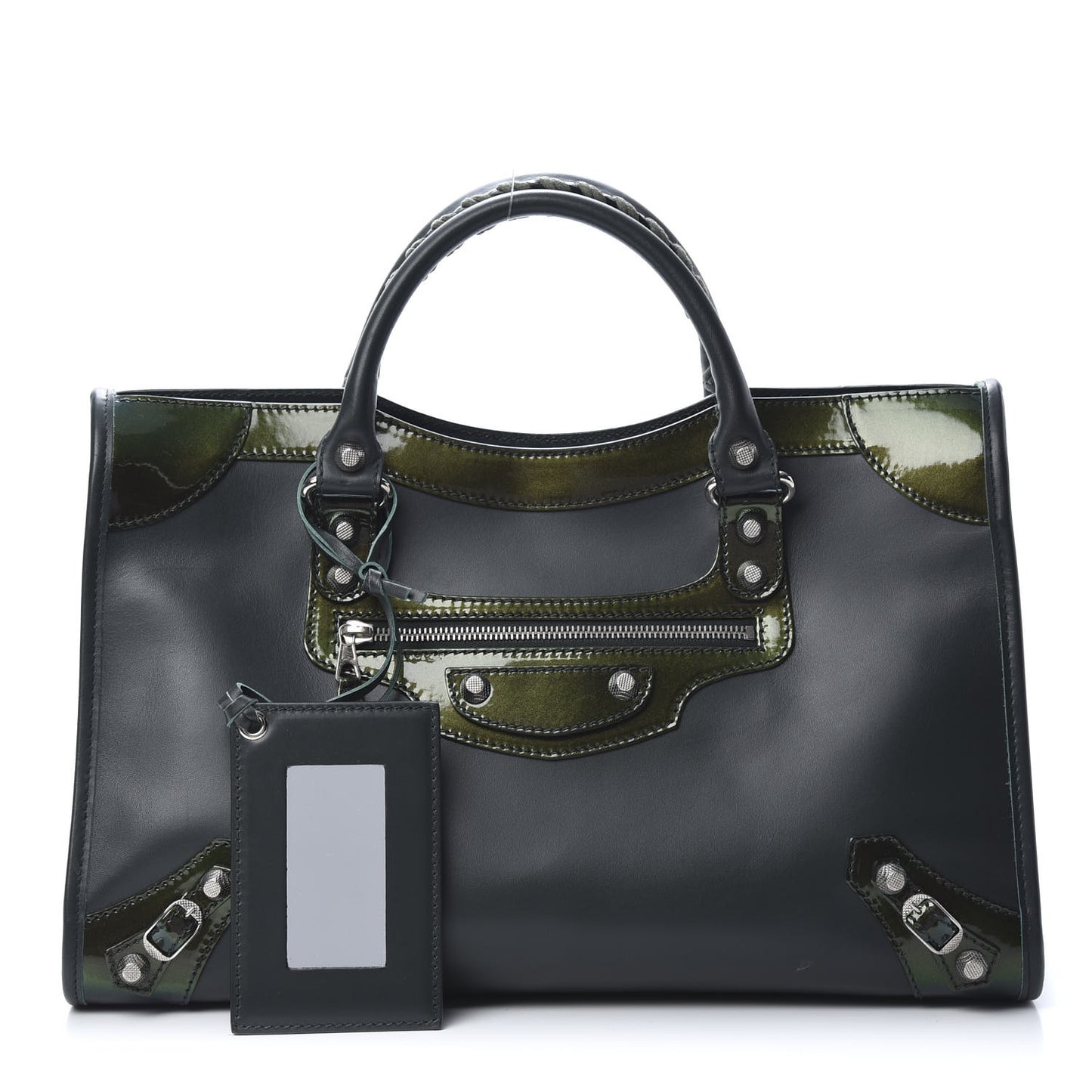 Smooth Calfskin Metallic Patent Giant 12 Silver Hardware City Vert Poker Fonce