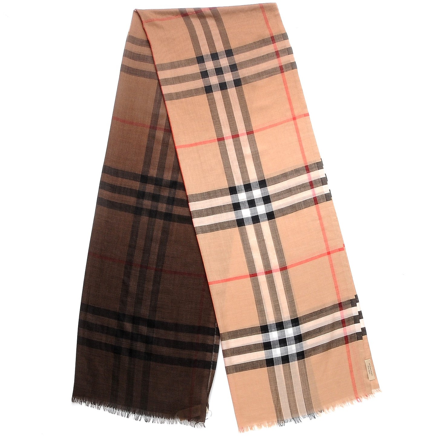 Wool Silk Ombre Gauze Giant Check Scarf Camel