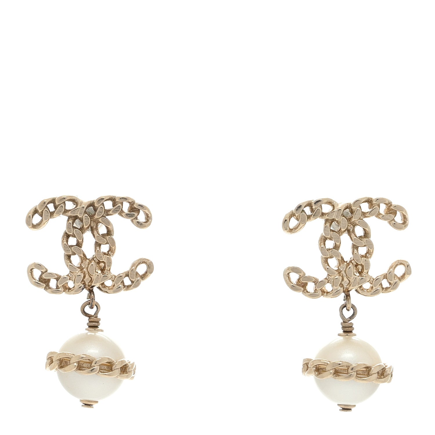 Chanel Metal Pearl CC Chain Drop Earrings Gold 1 of 4