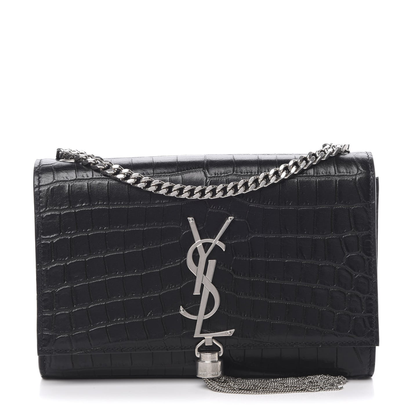 Calfskin Crocodile Embossed Monogram Small Kate Tassel Satchel Black