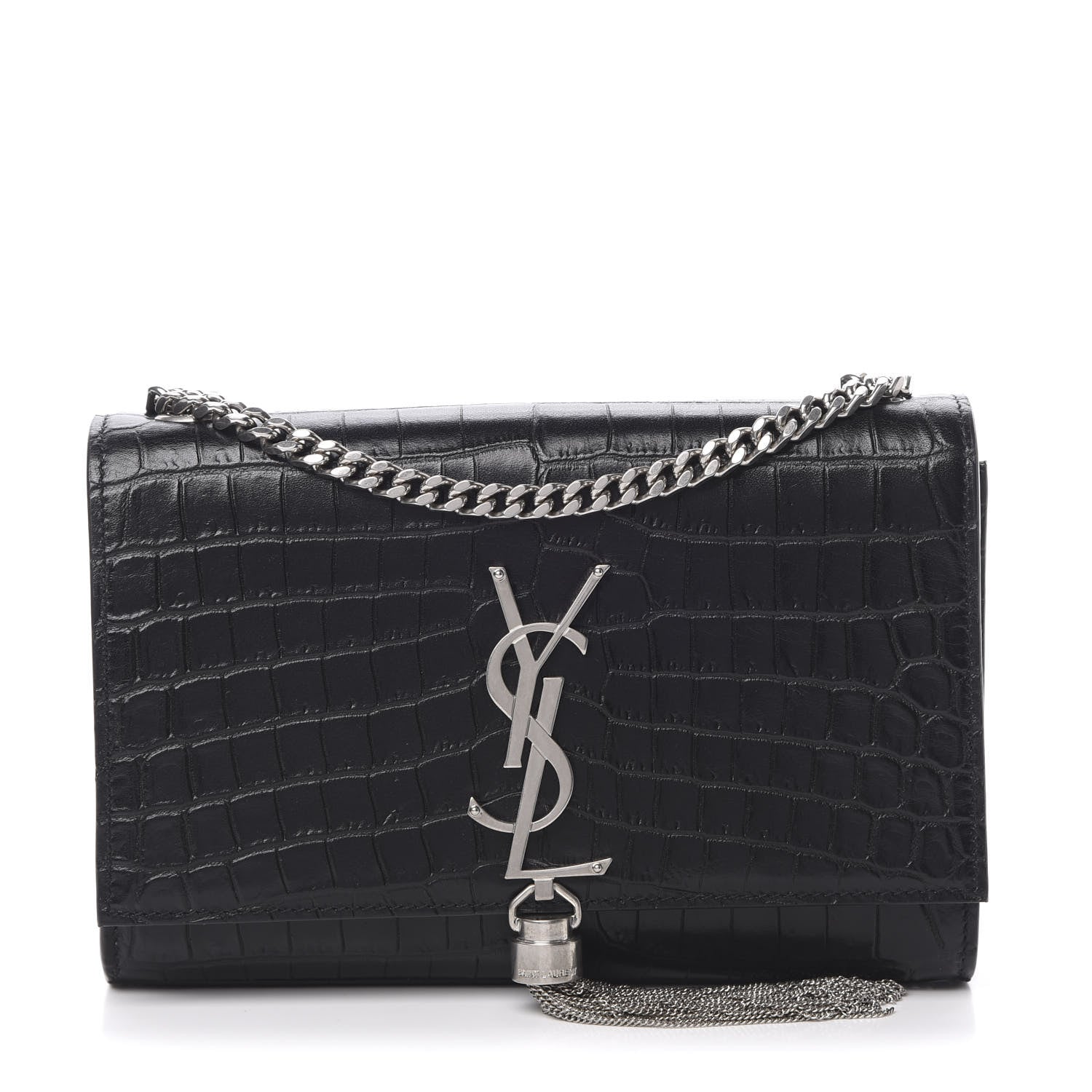 Saint Laurent Calfskin Crocodile Embossed Monogram Small Kate Tassel Satchel Black 1 of 9
