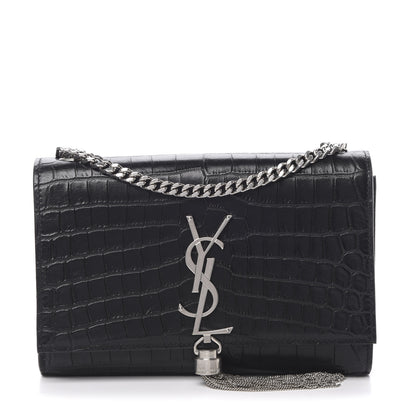 Saint Laurent Calfskin Crocodile Embossed Monogram Small Kate Tassel Satchel Black 1 of 9