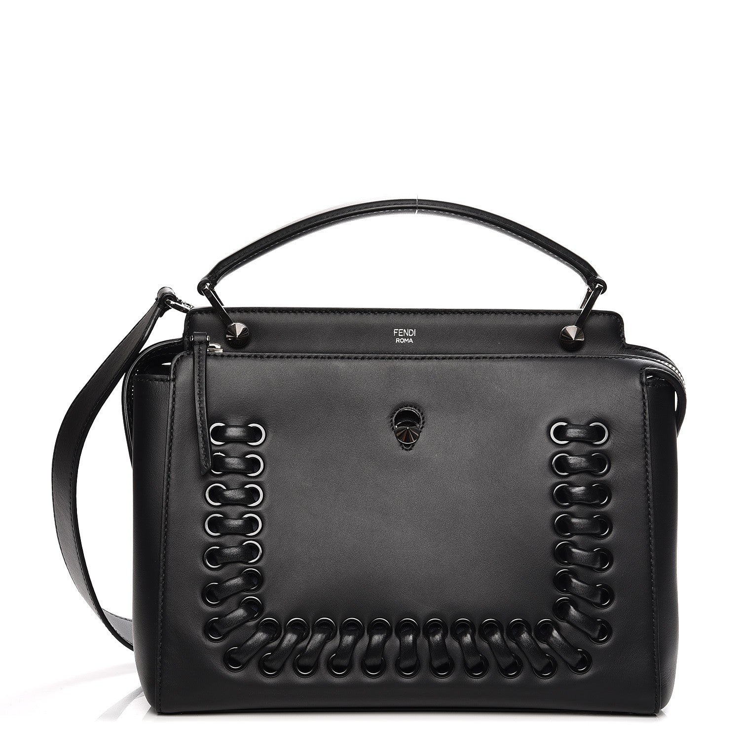 Fendi Vitello Baltico Dolce Shiny Nappa Lace Up DotCom Satchel Black Blue 1 of 11