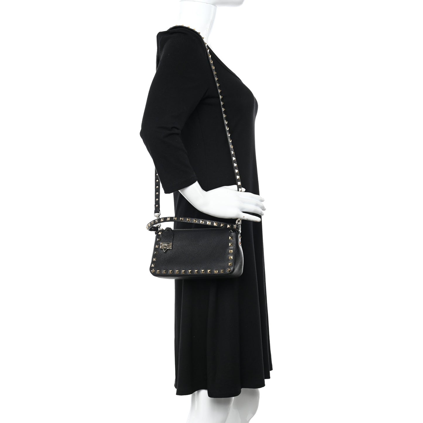 Pebbled Calfskin Small Rockstud Flip Lock Shoulder Bag Black