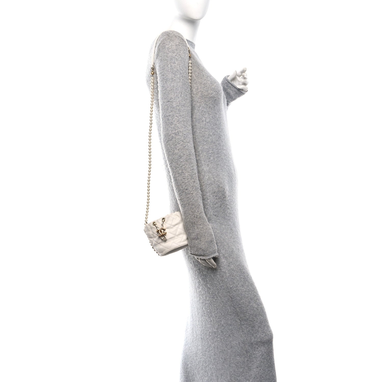 Chanel Calfskin Quilted Pearl Mini About Pearls Drawstring Bucket Bag  White 2 of 11