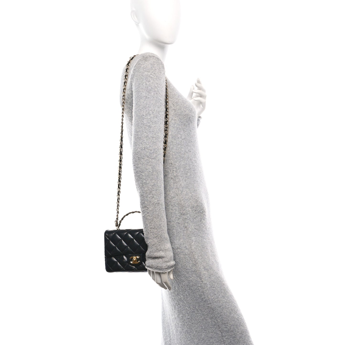 Shiny Lambskin Quilted Golden Links Top Handle Flap Black