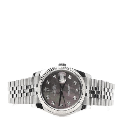 Rolex Stainless Steel 18K White Gold Diamond Black Mother of Pearl 36mm Oyster Perpetual Datejust Watch 116234 3 of 9