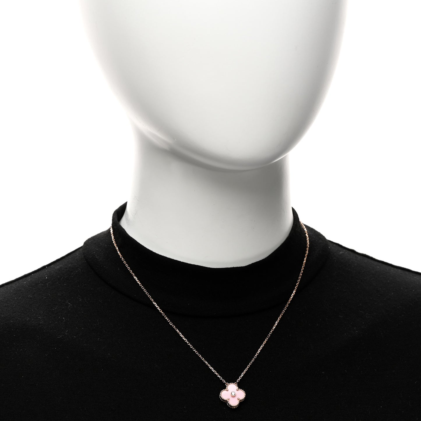 18K Rose Gold Diamond Pink Porcelain Vintage Alhambra Pendant Necklace
