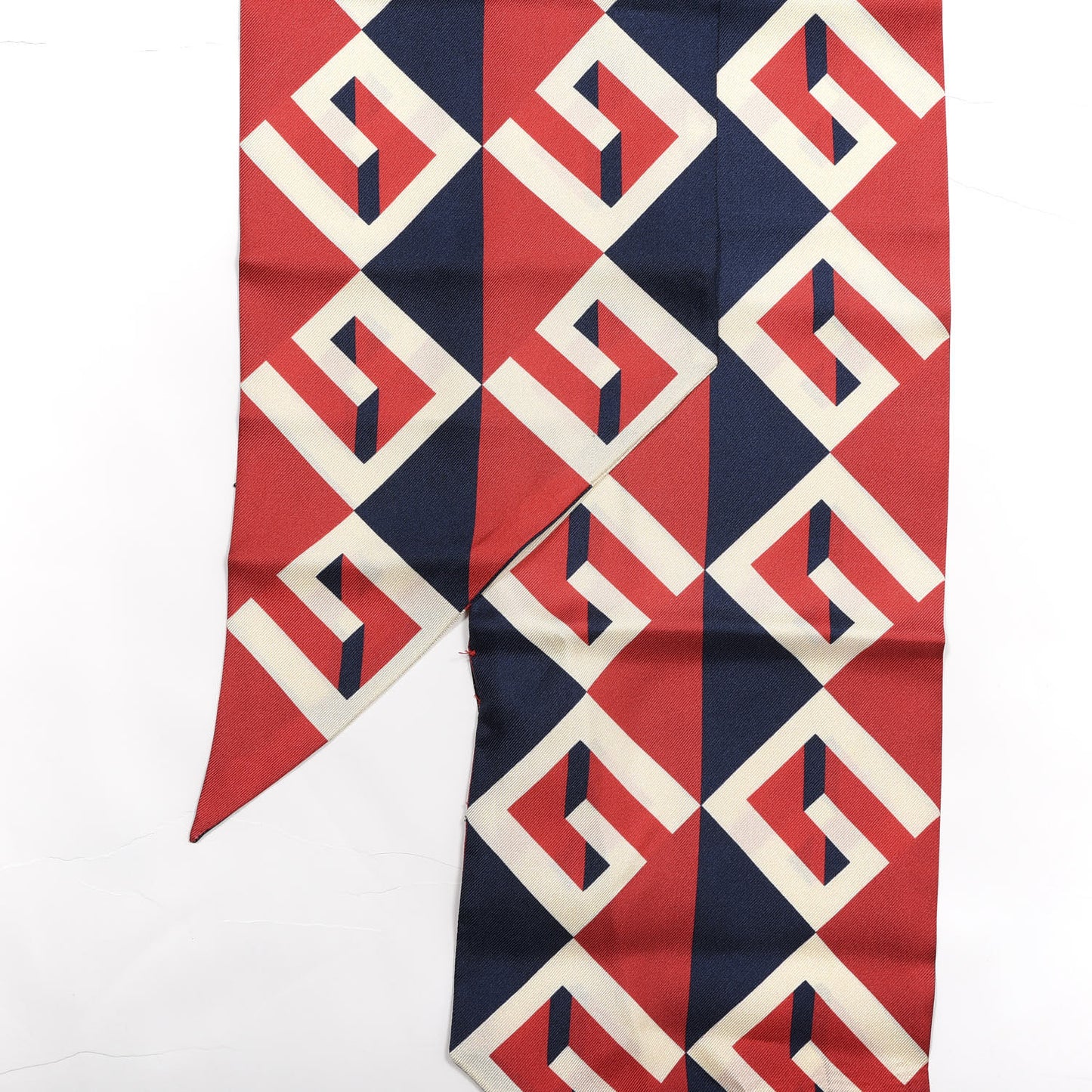 Twill Silk Geometric Logo Neck Bow Scarf Navy Orange