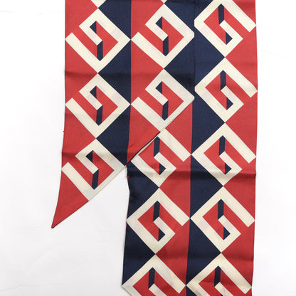 Gucci Twill Silk Geometric Logo Neck Bow Scarf Navy Orange 2 of 4