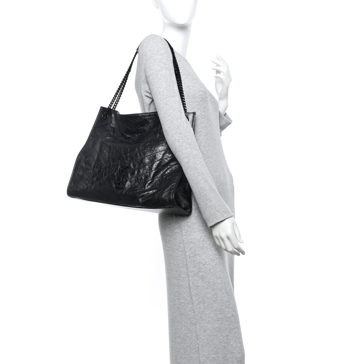 Crinkled Calfskin Matelasse Monogram Large Niki Shopper Tote Black