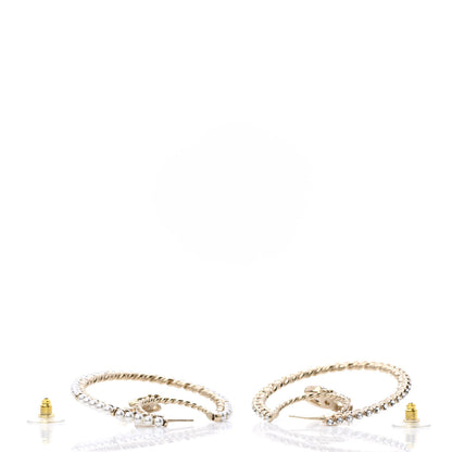 Chanel Crystal Pearl CC Drop Hoop Earrings Gold Pearly White 6 of 11