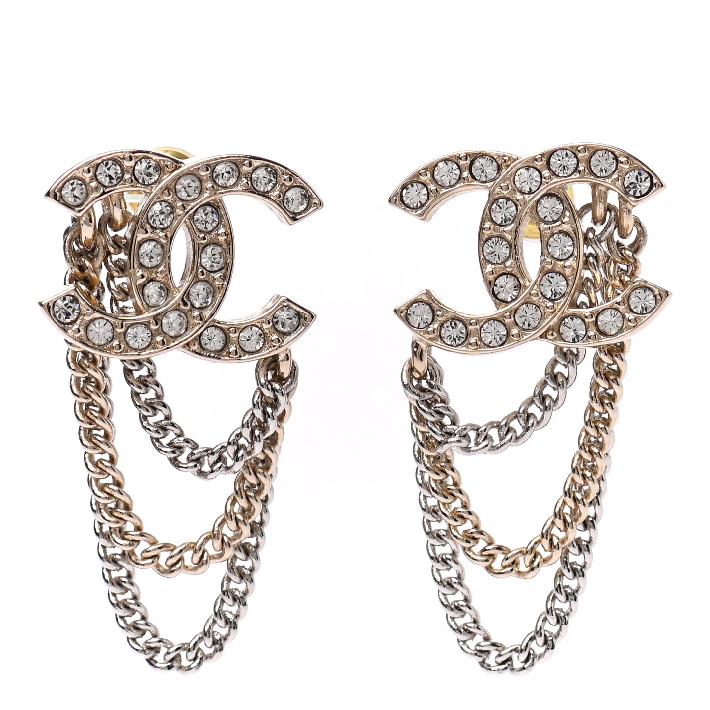 Crystal Chain CC Earrings Gold