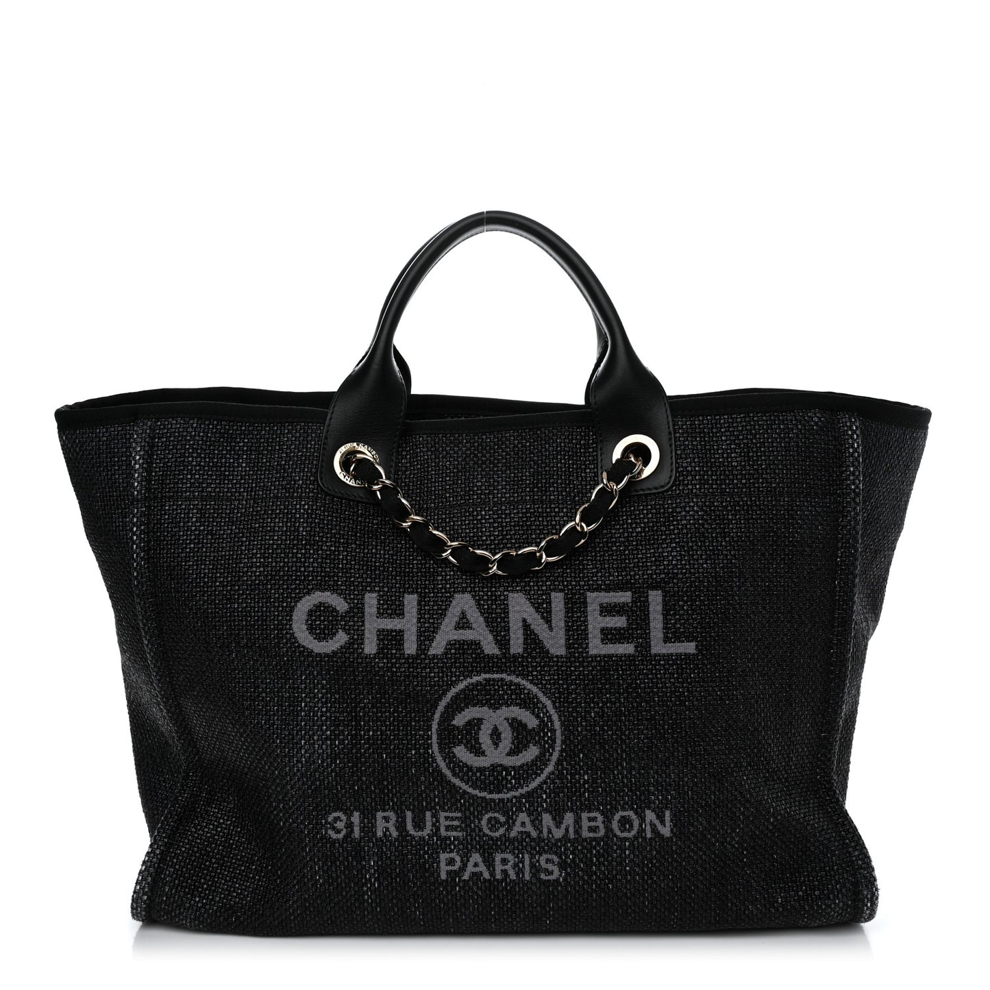 Woven Straw Raffia Medium Deauville Tote Black