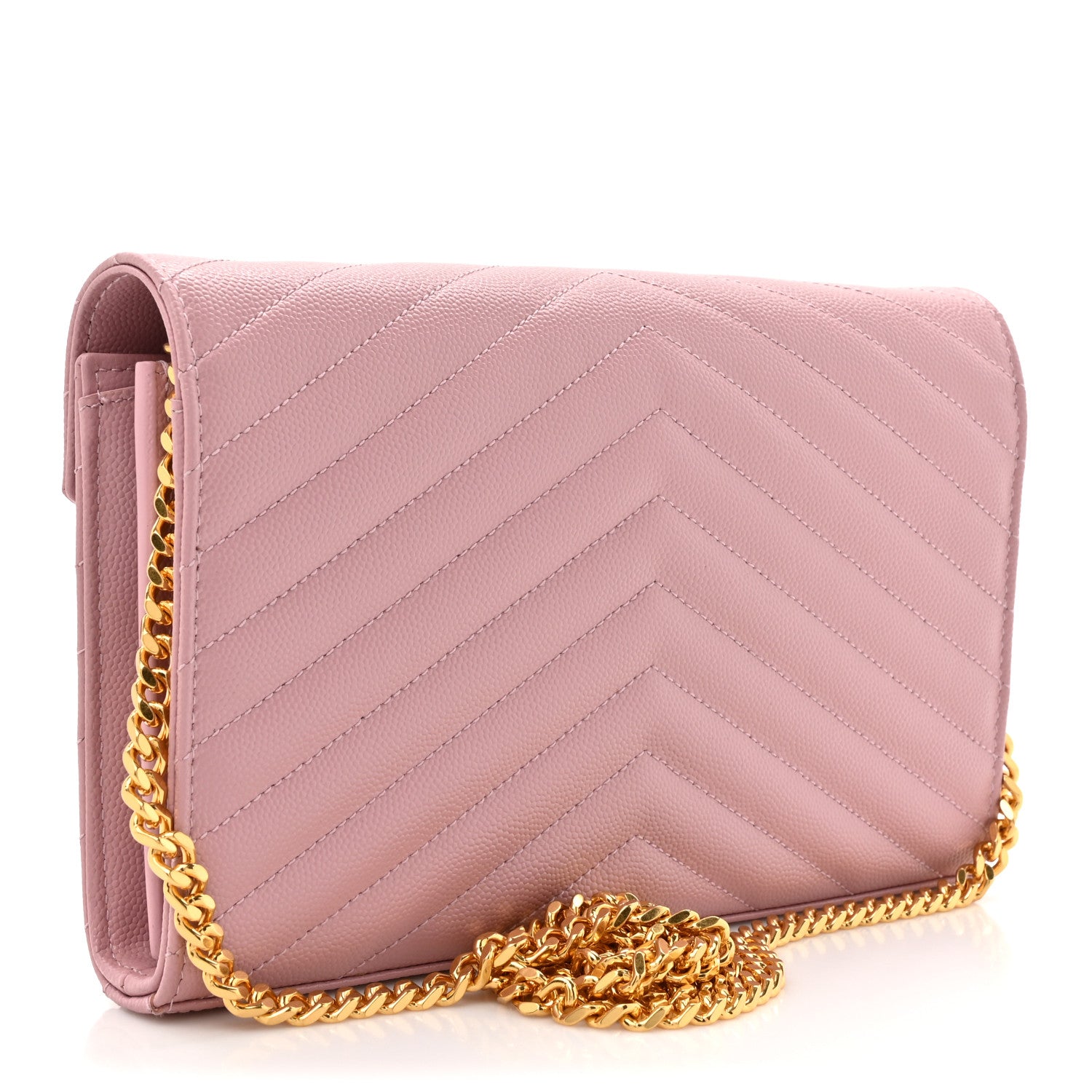 Saint Laurent Grain De Poudre Matelasse Chevron Monogram Chain Wallet Tender Pink 3 of 13