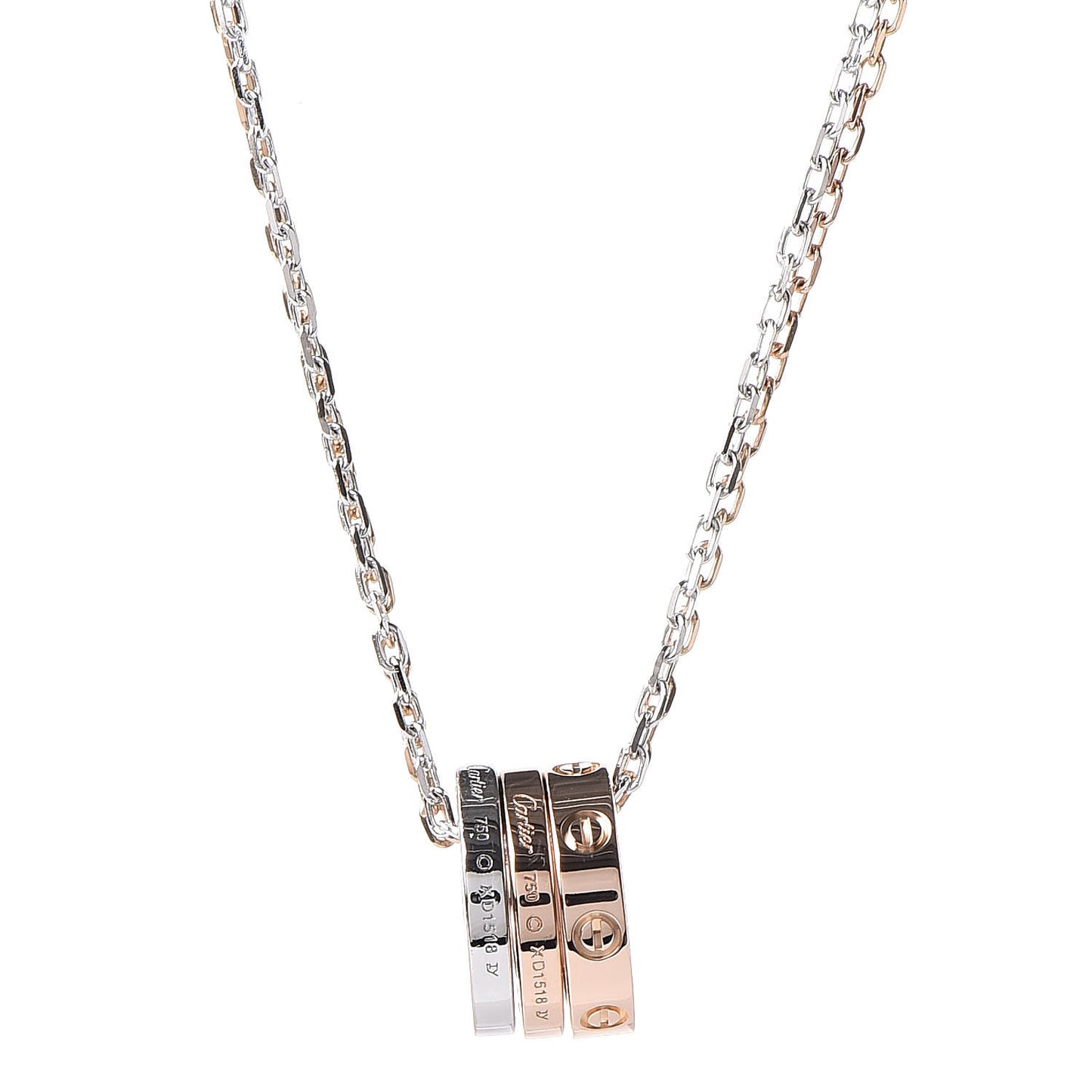 18K White Pink Gold Diamond Three Ring LOVE Pendant Necklace