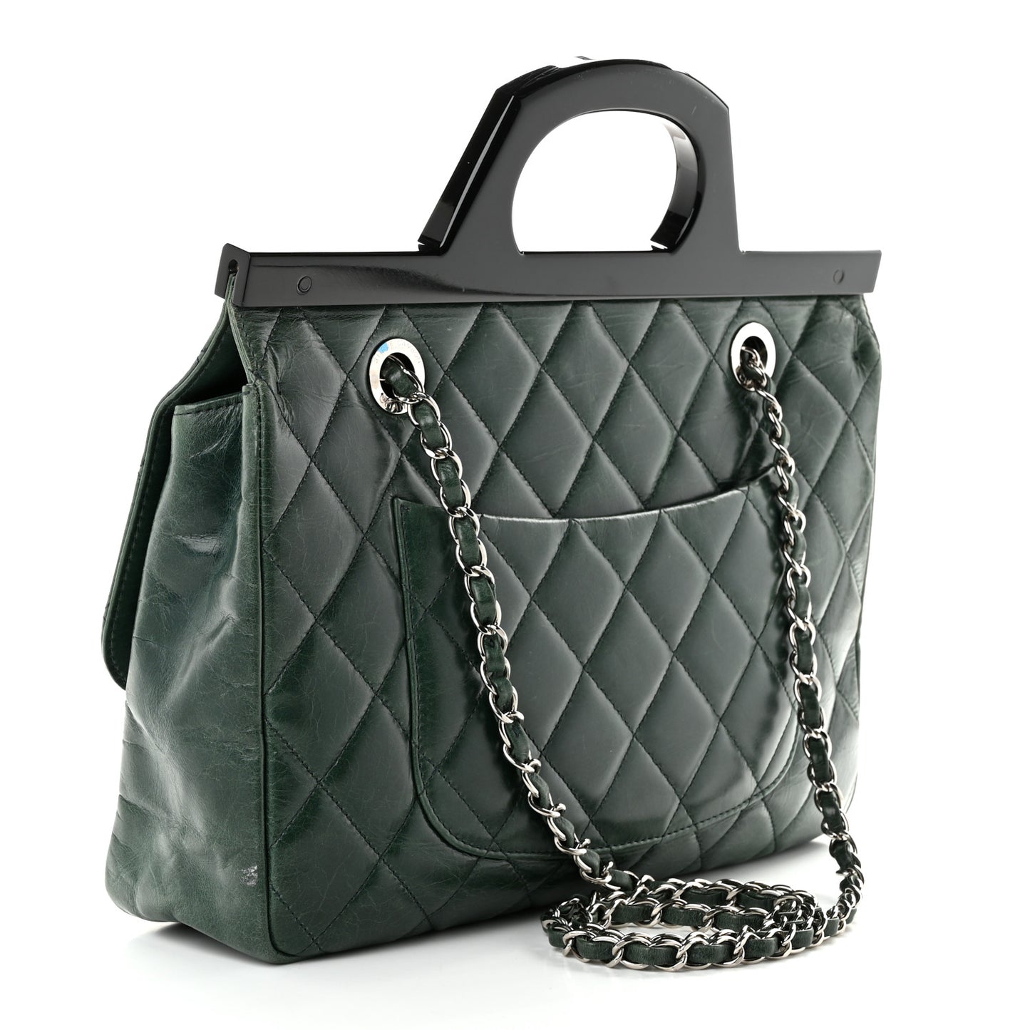 Glazed Calfskin Quilted Small CC Delivery Tote Dark Green