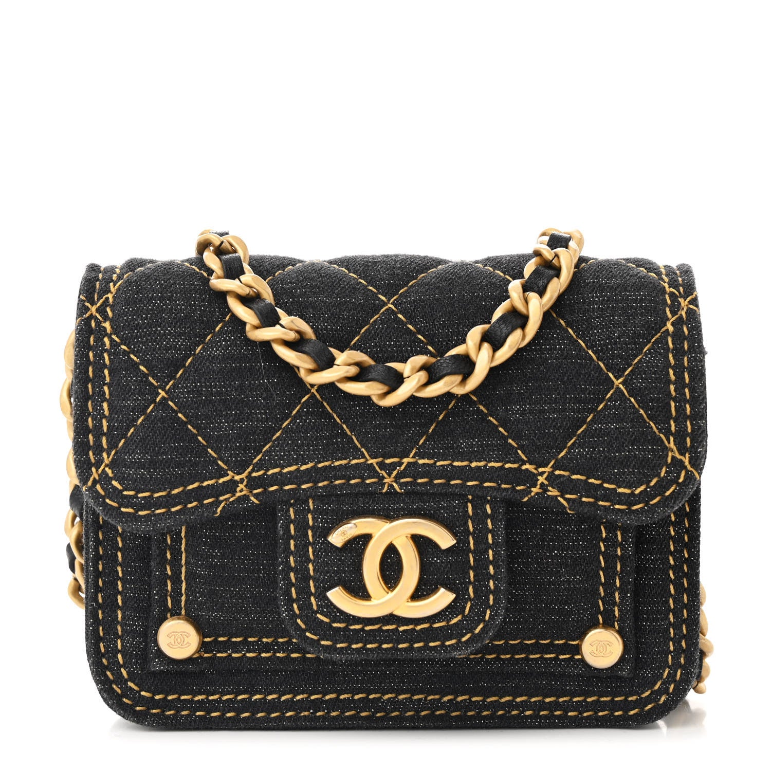 Chanel Denim Quilted Double You Card Holder On Chain Black Golden 1 of 10