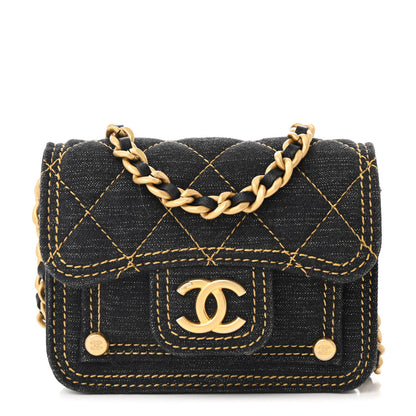 Chanel Denim Quilted Double You Card Holder On Chain Black Golden 1 of 10