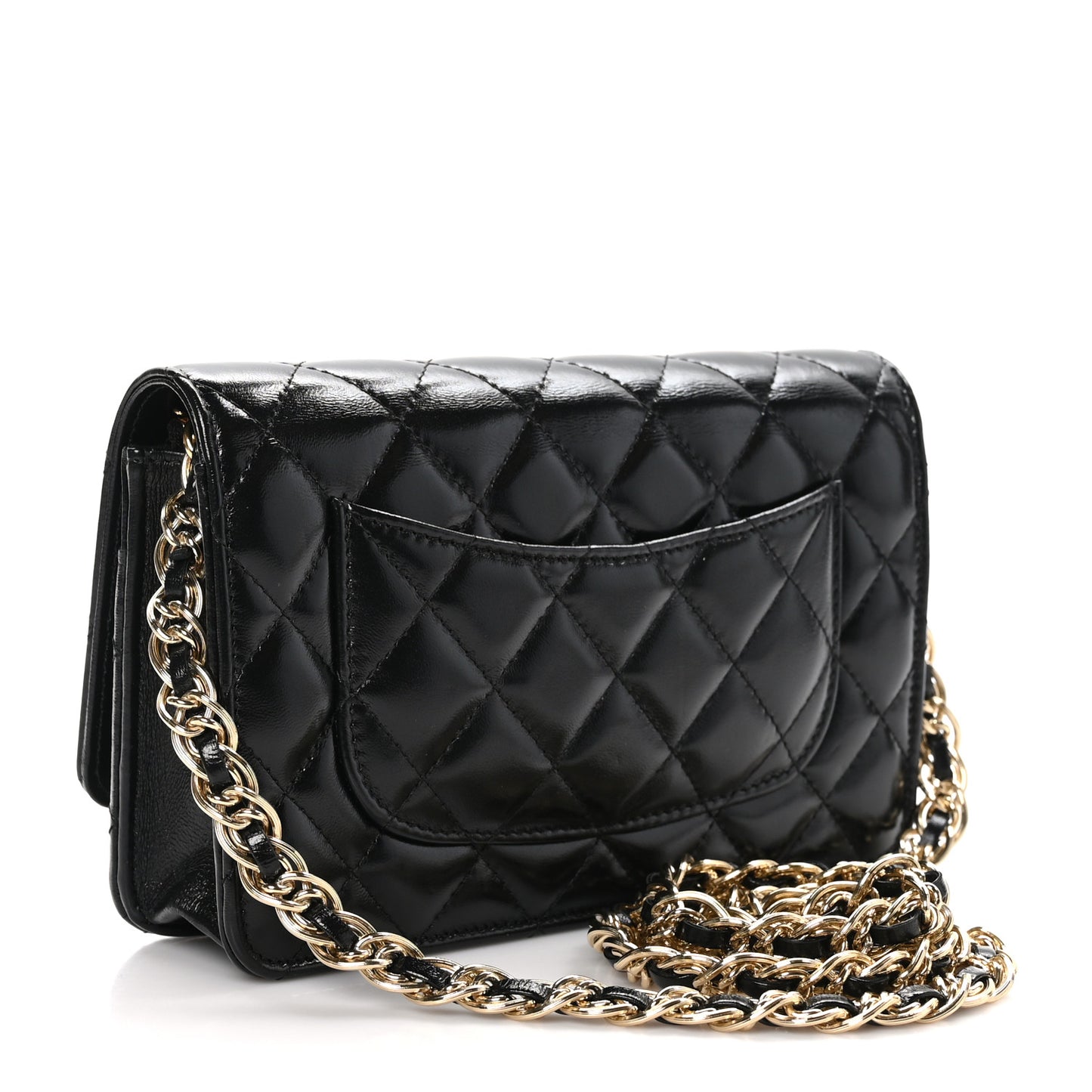 Shiny Lambskin Quilted Golden Links Wallet On Chain WOC Black