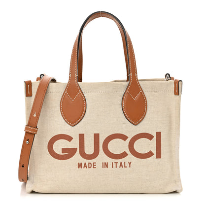 Gucci Canvas Calfskin Logo Print Medium Tote Bag Brown 1 of 12