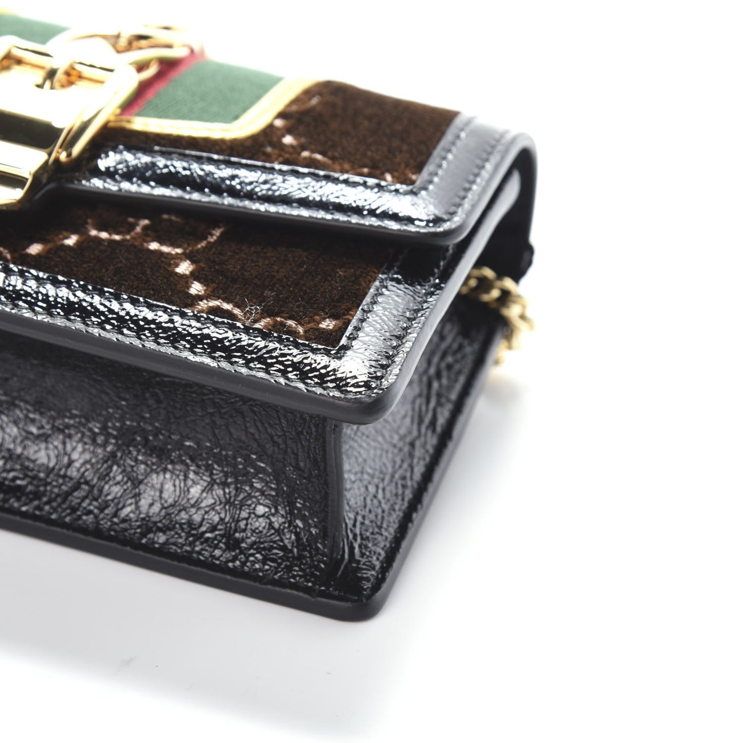 Velvet GG Monogram Web Super Mini Sylvie Chain Shoulder Bag Brown Black Oro Vecchio